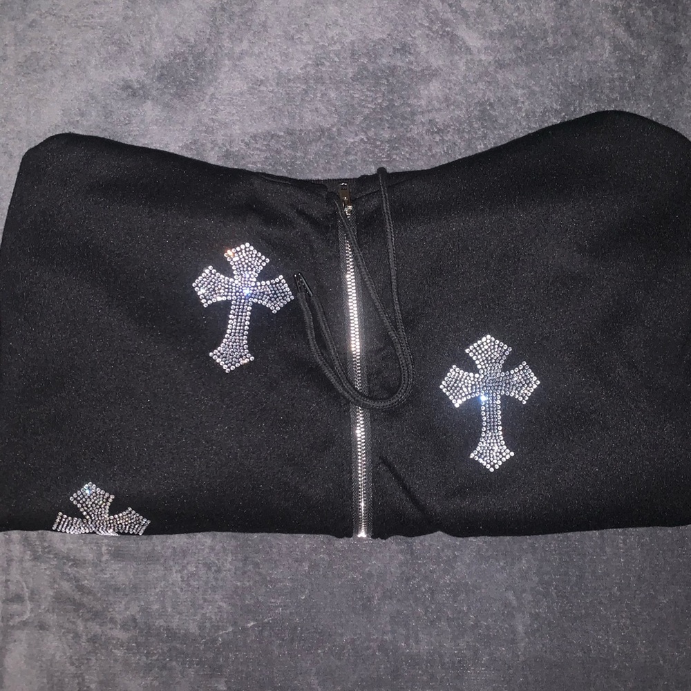 SHEIN Black Zip-Up with Rhinestone Crosses